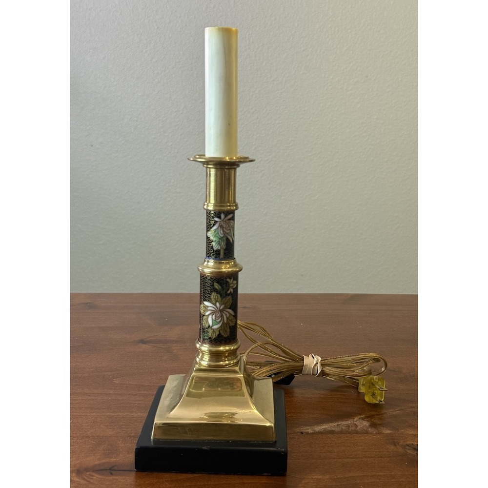 Hollywood Regency Frederick Cooper Candlestick Lamp Cloisonne Brass Enamel Black